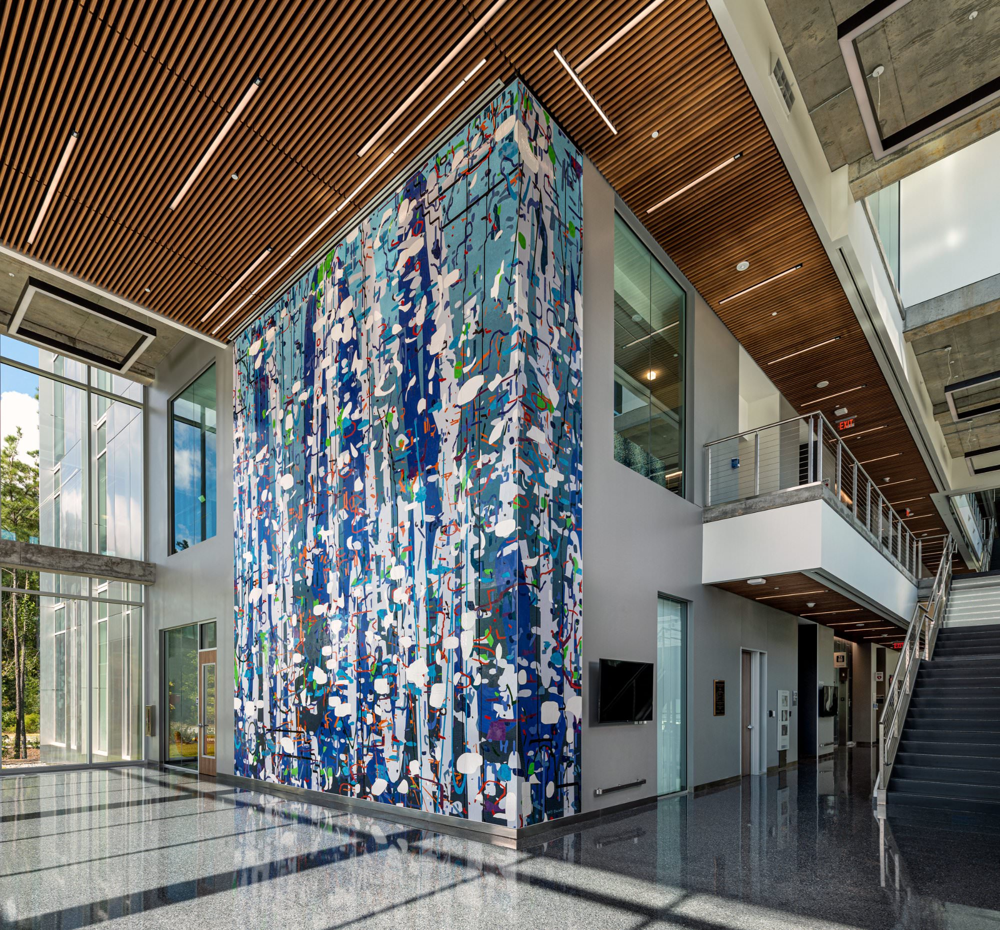 Amy Ellingson, Large Variation: Blue — twenty-six-foot ceramic mosaic in the atrium of the College of Osteopathic Medicine